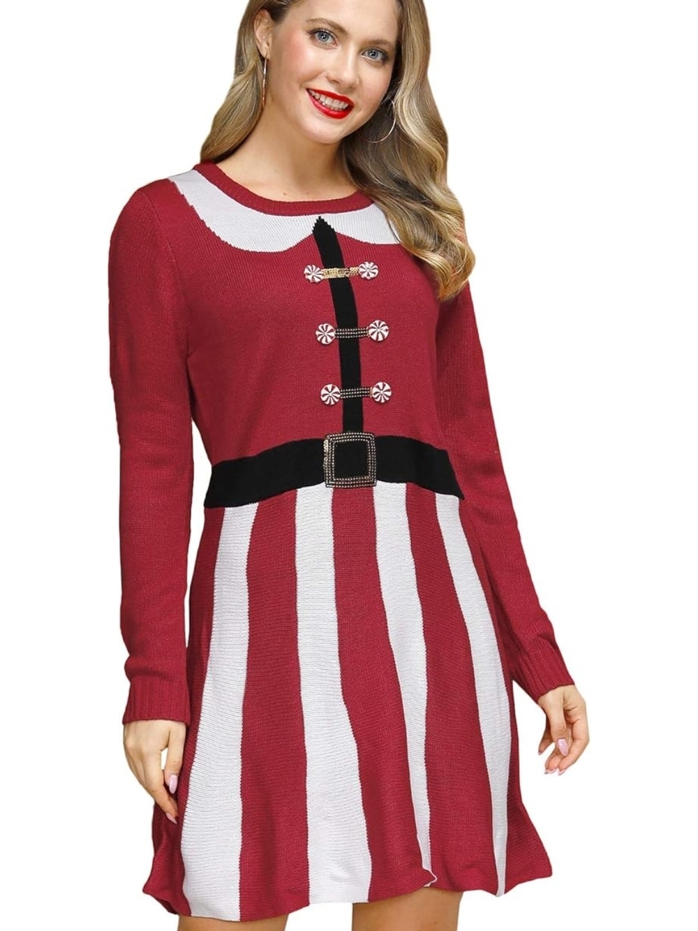 Red & White Holiday Sweater Dress with Belt Detail
